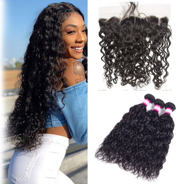 8A Remy Peruvian Water Wave Bundles Frontal Closure Unprocessed Virgin Hair Weaves 3 Bundles With 13x4 Ear To Ear Lace Frontals Closure