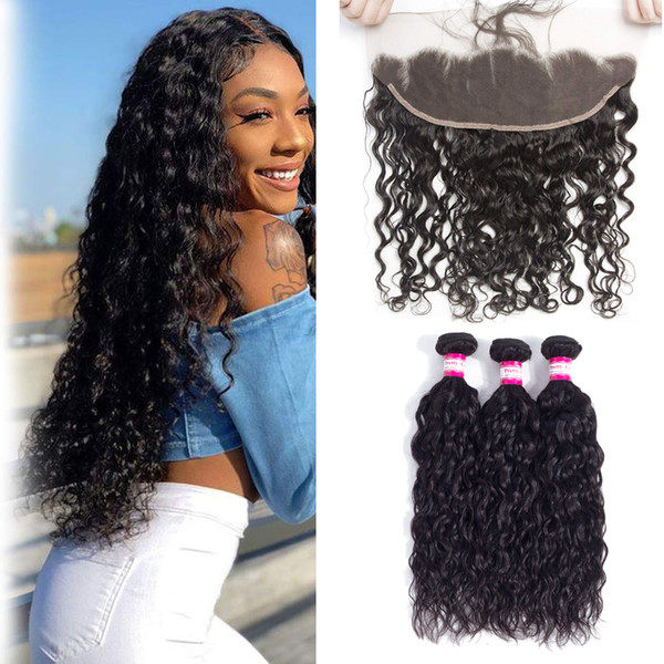 Peruvian Remy Water Wave Bundles With Frontals Closure Unprocessed Virgin Hair Weaves 3 Bundles With 13X4 Ear To Ear Lace Frontal Closure