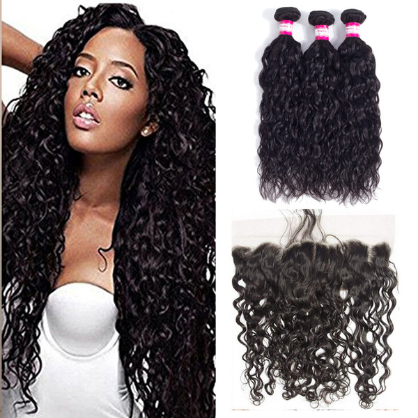 Wholesale Brazilian Virgin Human Hair Water Wave 3 Bundles With Frontal Closure 100% Human Hair Weaves and 13X4 Lace Frontals Baby Hair