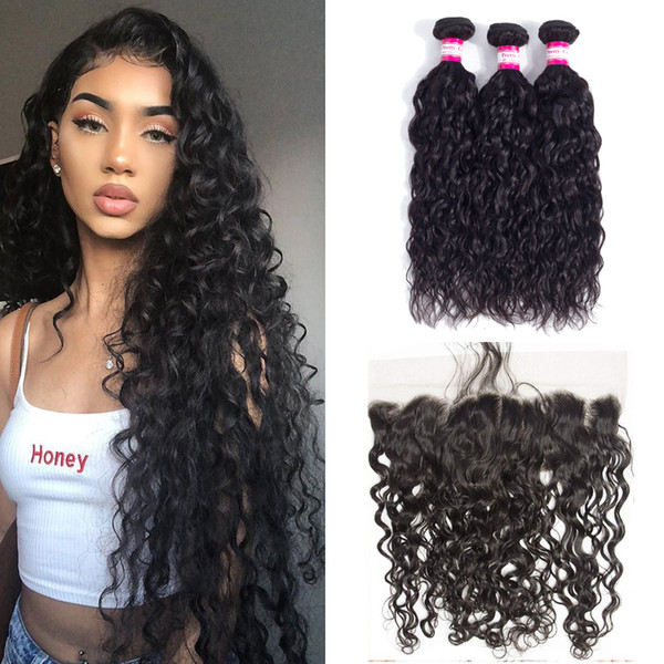 Pre Plucked 13x4 Ear to Ear Lace frontal Closure with bundles 100% Unprocessed Peruvian Water Wave Human Hair Extensions Tangle Free