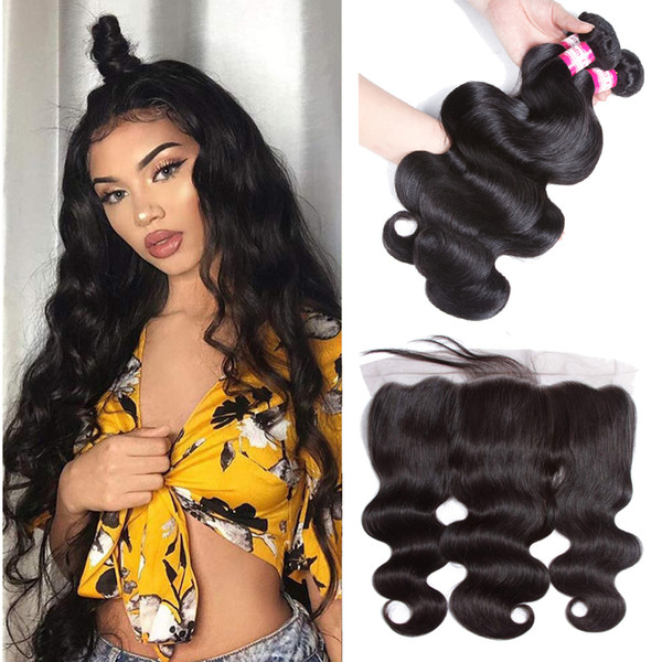 8A Brazilian Virgin Hair Body Wave 3 Bundles with Lace Frontal Ear to Ear Lace Frontal Closure 100% Unprocessed Human Hair Weave Extensions