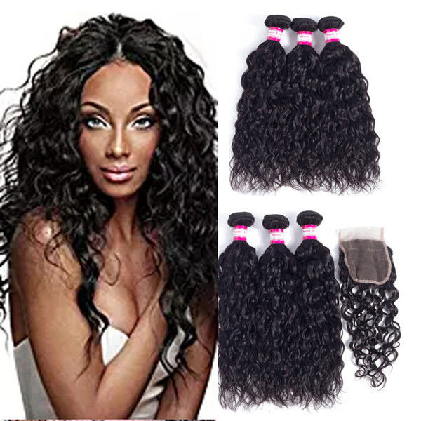 Brazilian Water Wave Human Hair Weaves 3 Bundles With 4x4 Lace Closure Water Wave Curly Hair Wefts With Closure