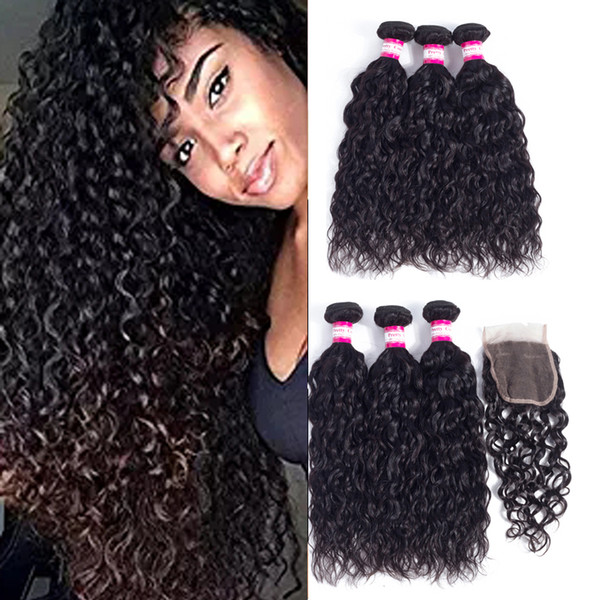 Malaysian Water Wave virgin Hair Bundles With Lace closure Malaysian Human hair Extensions Malaysian Virgin Human Hair Products Wholesale