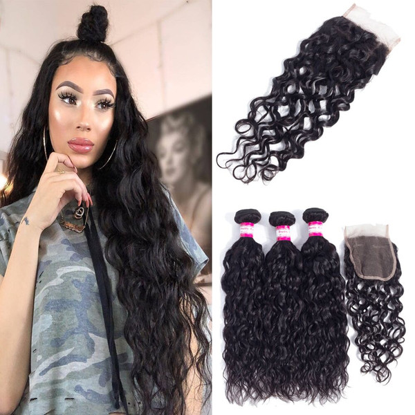 Mink Brazilian wate Wave Hair Bundles With4x4 Lace Closure Unprocessed Brazilian Virgin Hair Water Wave Lace Closure With Human Hair Bundles