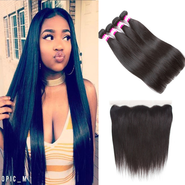 Brazilian lace frontal closure with3 Bundles straight virgin hair weave 13x4 Ear to Ear Frontal lace closure with baby hair