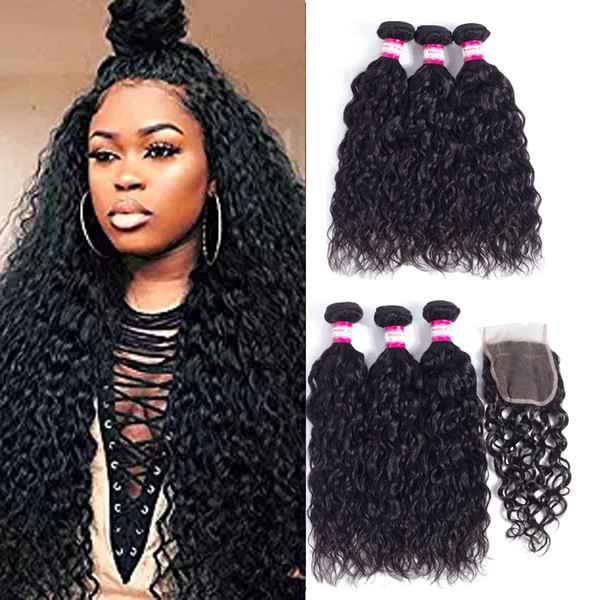 Brazilian Water Virgin Hair 3 Bundles With 4x4 Closure 8A Brazilian Human Hair Bundles With Lace Closure Water Hair Closure