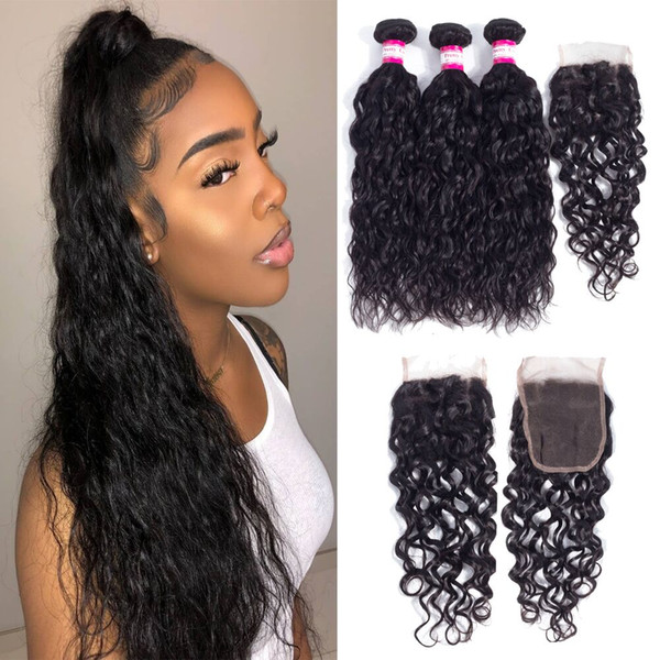 Brazilian Virgin Hair 3 Bundles With Closure 100% Unprocessed Peruvian Indian Malaysian Water Wave Human Hair Weave