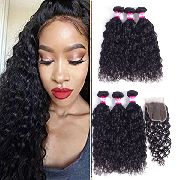 Malaysian Virgin Hair Bundles with Closure Water Wave 3 Bundles With Free Part Closure Wet And Wavy Virgin Human Hair Weave Natural Black