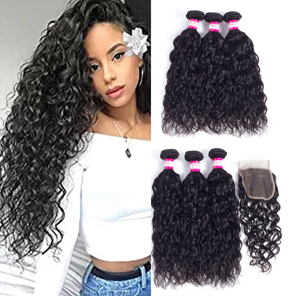 8A Peruvian Water Hair With 4x4 Closure Wholseale Peruvian Virgin Water Human Hair Bundles With Lace Closure Mink Peruvian Huamn Hair