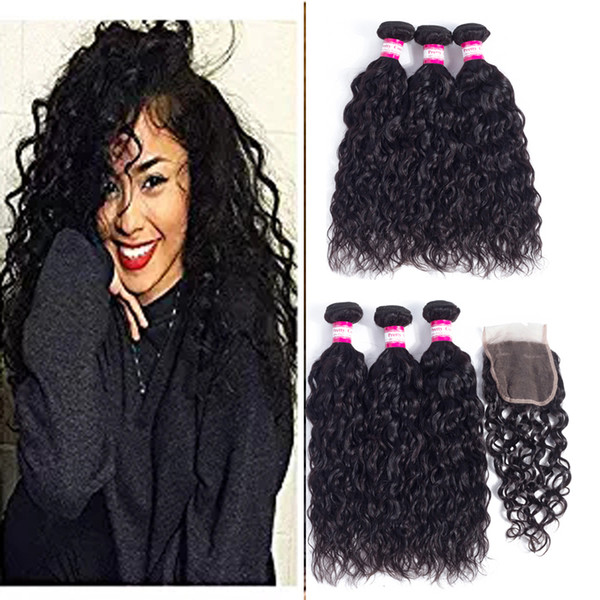 brazilian water wave 3 bundles with closure 8A virgin remy hair water wave bundles with frontal 13x4 full lace closure natural color