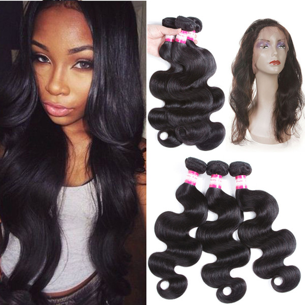 360 Full Lace Frontal Closure With 3 Bundles Brazilian Virgin Human Hair Weaves Body Wave Peruvian Indian Malaysian Cambodian Wavy Remy Hair