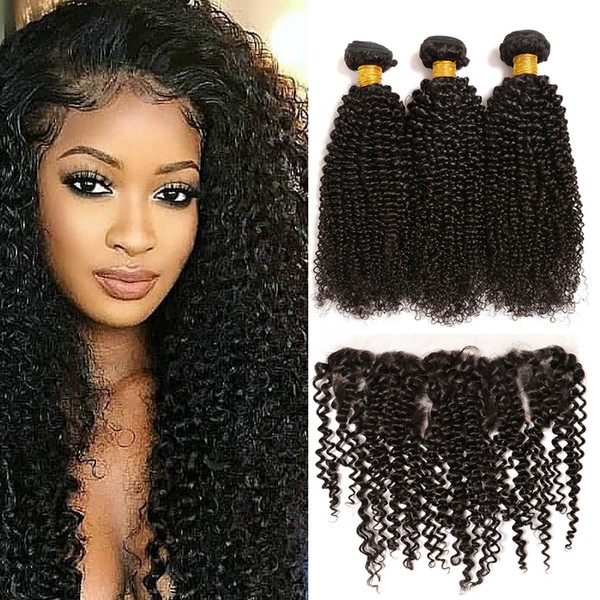 3 Bundles Kinky Curly Brazilian Human Hair with Pre Plucked 13x4 Full Lace Frontal Closure 8A Brazilian Deep Curly Virgin Hair with Frontals