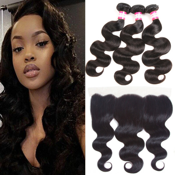 8A Pre Plucked Brazilian Body Wave Human Hair 3 Bundles With Top Lace Closure 13x4 Ear To Ear Lace Frontal Natural Black