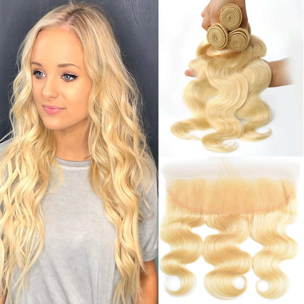 8A Blonde brazilian malaysian Body Wave Hair Bundles With 4x13 frontal closure Blonde Human Hair Body Wave With Lace Frontal