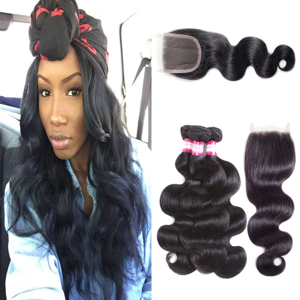 Peruvian Virgin Remy Human Hair Weaves with Closure 8A Peruvian Body Wave 3 Bundles 4x4 Lace Closure Free Middle 3 Part Natural Color