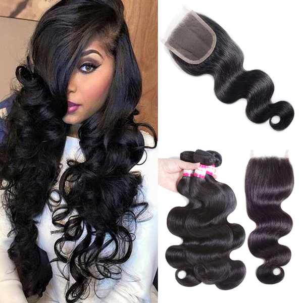 Malaysian Virgin Hair with 4x4 Lace Closure 8A Malaysian Body Wave 3 Bundles Remy Human Hair Weaves and Closure Free Middle 3 Part