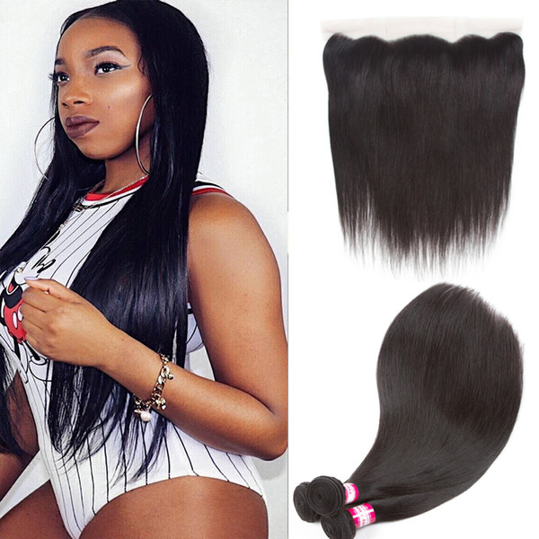 3 Bundles Human Hair Weaves with Frontal Closure 8A Indian Virgin Hair Straight and 13x4 Lace Frontals Raw Indian Remy Hair Body Wave