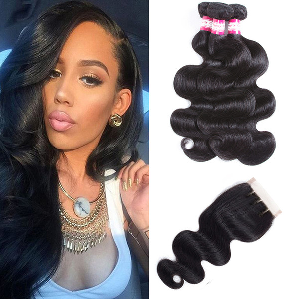 8A Hot Selling Brazilian Virgin Hair With Closure 3 Bundles Brazilian Body Wave Hair With 4x4 Lace Closure Unprocessed Remy Human Hair Weave