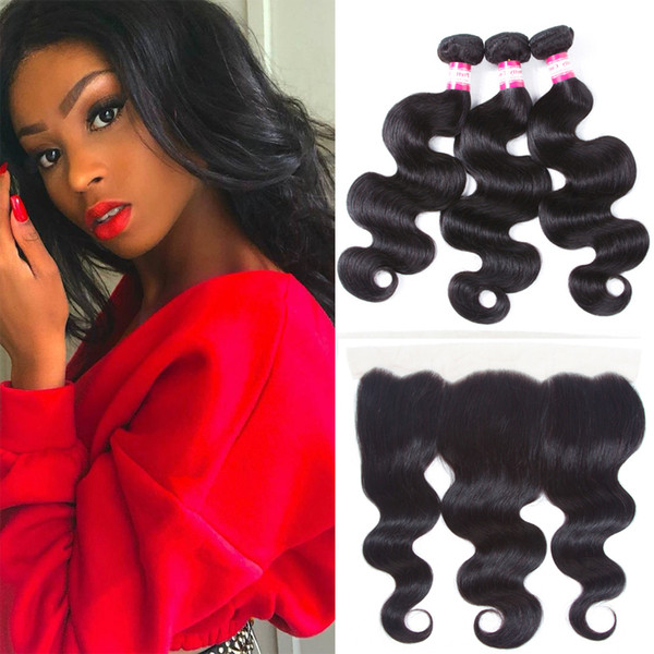 Ear to Ear Frontal Closure with Bundles Peuvian Virgin Hair Body Wavy and 13x4 Full Lace Frontal Closure Free Middle 3 Part Dyeable