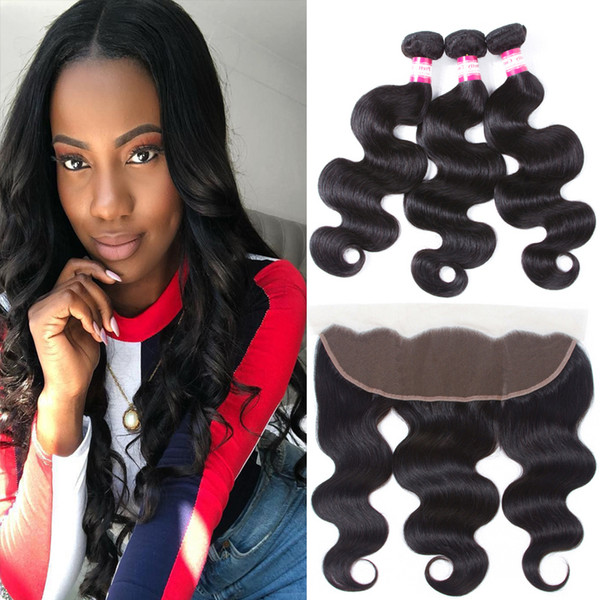 Brazilian Virgin Human Hair Body Wave With Lace Frontal Closure 3 Bundles With 13x4 Ear to Ear Lace Frontal Closure Weaves Closure