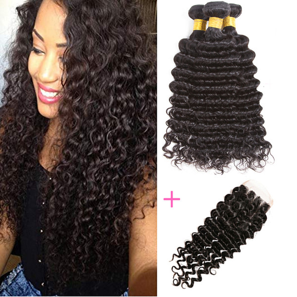 Indian Remy Human Hair Weave with Closure 8A Raw Indian Virgin Hair Straight Body Wave Deep Curly Hair and 4x4 Swiss Lace Closure