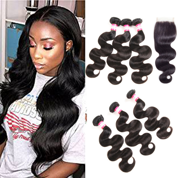 Brazilian Virgin Hair 3 Bundles with 4x4 Lace Closure Free Middle Three Part 8A Brazilian Body Wave Straight Deep Wave Kinky Curly Hair