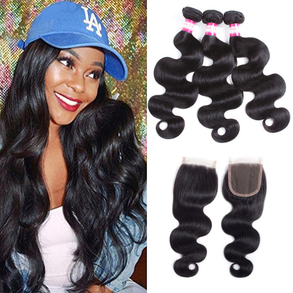 Brazilian Virgin Hair Straight with Lace Closure 8A Grade Brazilian Body Wave Hair 3 Bundles with 4x4 Lace Closure 100% Remy Human Hair