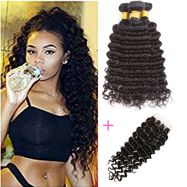 Chinese Virgin Hair Straight with 4x4 Lace Closure Grade 8A Chinese Body Wave Deep Curly 3pcs and Closure 100% Remy Human Hair Wefts