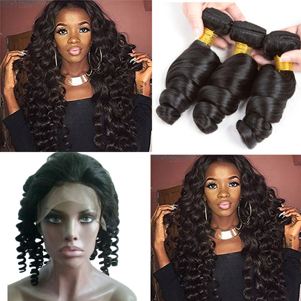 8A Brazilian Virgin Loose Wave 3 Bundles with 360 lace frontal Unprocessed Remy Mink Loose Curly Hair Extensions Weave Natural Color