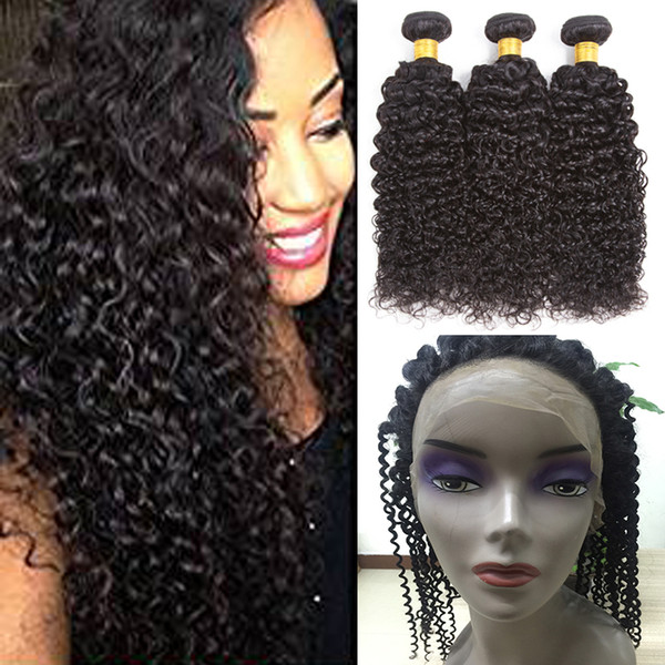 8A Brazilian Curly Hair Weave 3 Bundles with 360 lace frontal closure with baby hair Kinky Curly Human Hair Weave 100% Unprocessed