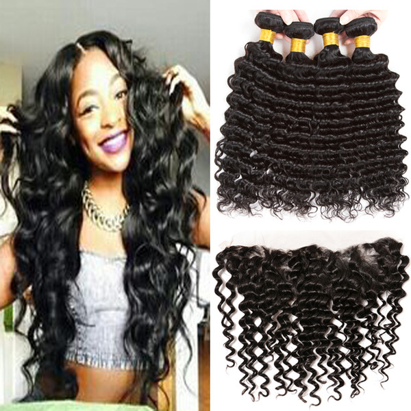 4 pcs Virgin Indian Deep Curly Hair With Frontal Closure Indian Deep Wave With Frontal 13x4 Lace Frontal Closure With Bundles