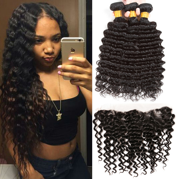 8A Hot Selling Remy Brazilian Deep Wave Virgin Hair Weaves 3 Bundles With 13X4 Ear To Ear Lace Frontal Closure Can be Dyed