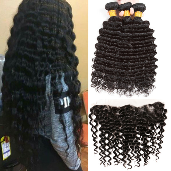 8A Deep Wave 3 Bundles with Lace Frontal Closure 13x4 Ear to Ear Lace Front Closure Brazilian Virgin Hair Deep Curly Human Hair