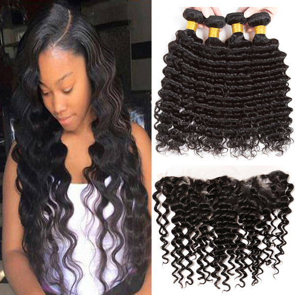 8A Deep Wave 3 Bundles with Frontal Ear to Ear Lace Frontal Closure with Bundles Brazilian Virgin Hair with Closure Human Hair Extensions