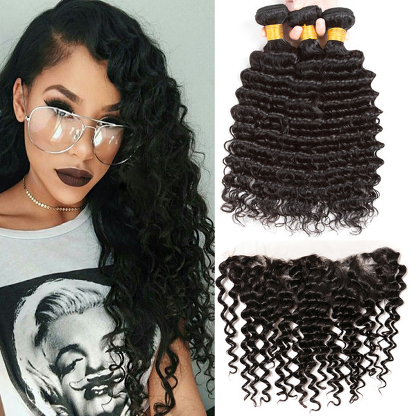 8A Brazilian Deep Curly Virgin Hair Weaves 3 Bundles with 1pc 13x4 Ear to Ear Full Lace Frontal Closure unprocessed human hair extensions