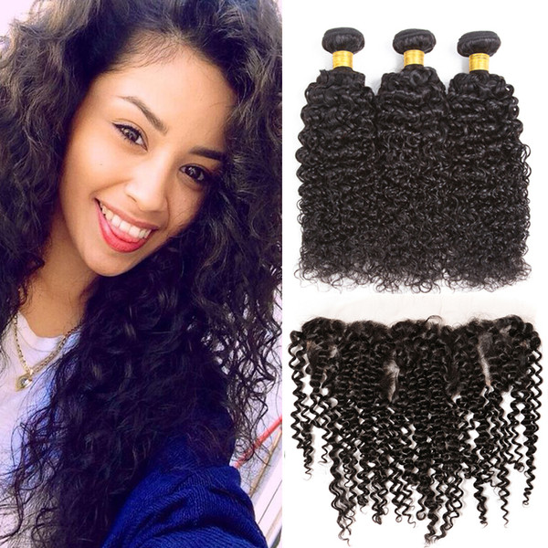 8A Unprocessed Malaysian Kinky Curly Virgin Hair Bundles 3 Bundles With Lace Frontal Closure 8A Remy Hair Extensions Natural Color