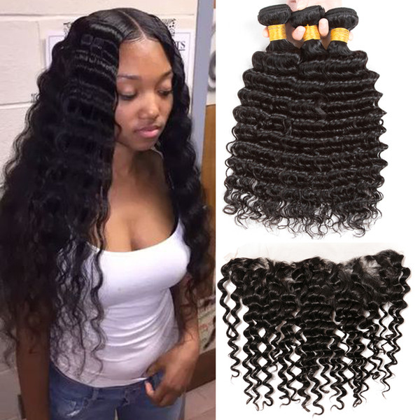 8A Human Hair Extensions Weft Malaysian Deep Wave Curly 3 Bundles With 13X4 Lace Frontal Hair Weaves Hair Bundles With Frontal 4 Pieces