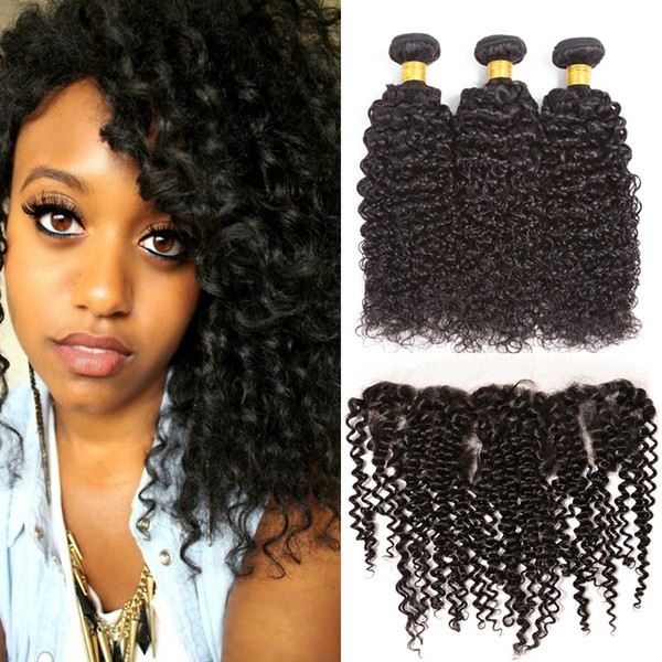 Brazilian Curly Hair 3 Bundles With Closure Virgin Remy Curly Hair Weave Unprocessed Human Hair With 13*4 Lace Closure Natural Black