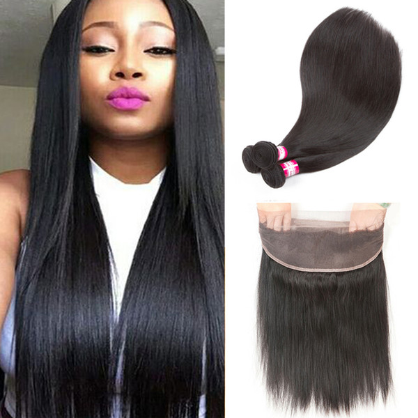 360 Lace Frontal with Hair Bundles Brazilian Virgin Hair Straight with Frontal Closure Pre-Plucked 360 Closure Natural Hair Line