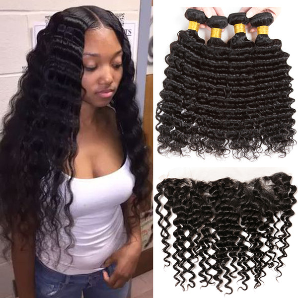 Brazilian Deep Wave with Frontal Brazilian Hair 3 Bundles with Lace frontal Closure 8A Deep Wave Human Weave Bundles Deal