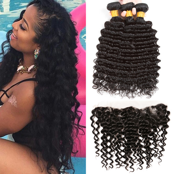 8ATop Selling Unprocessed Brazilian Deep Wave Virgin Hair Bundles with 13x4 Lace Frontal Closure Remy Human Hair Wefts Weaves Closure