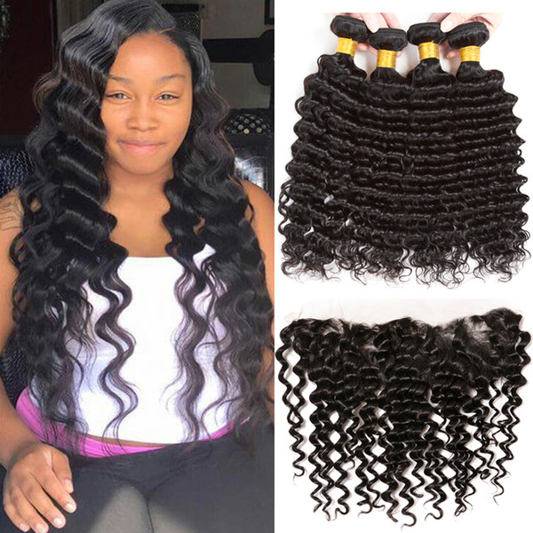 Brazilian Deep Wave 3 Bundles with Lace Frontal Closure 8A Full Head Natural Unprocessed Virgin Brazilian Hair with Frontal Closure