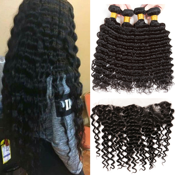 Pre Plucked 13x4 Lace Frontal Closure with 3 Bundles Deep Wave Malaysian Virgin Human Hair Weaves Deep Curly 8-28inch in Natural Color