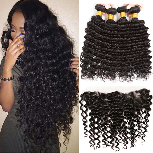 Deep Curly Frontal with Bundles Brazilian Hair 3 Bundles Lace Frontal 8a Virgin Hair Bundles with Closure Lace Front