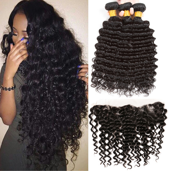 8A Cheap Brazilian Virgin Human Hair Bundles with Closure Straight Deep Hair Extensions 3 Bundles with Lace Frontal Can be Dyed