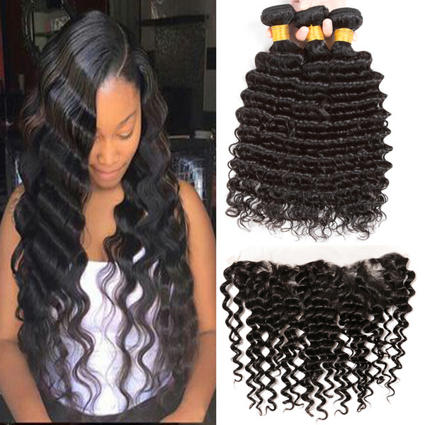 Brazilian Deep Wave With Frontal Closure 8A Unprocessed Virgin Human Hair Brazilian Deep Curly 3 Bundles With Ear To Ear 13x4 Lace Frontal