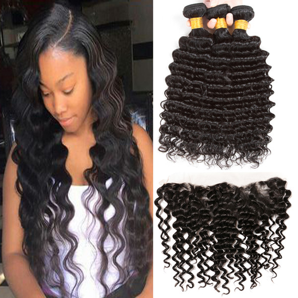 8A Virgin Hair Deep Wave 3 Bundles With Lace Frontal Closure 13x4 Ear To Ear Frontal Brazilian Human Hair Extensions Can be Dyed