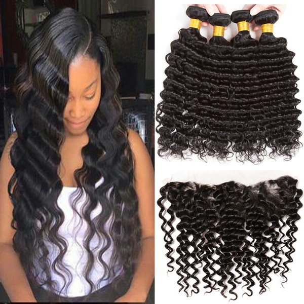 8A Brazilian Virgin Hair 3 Bundles with Lace Frontal Plucked Deep Wave Human Hair Bundles with 13x4 Ear to Ear Lace Frontal Closure