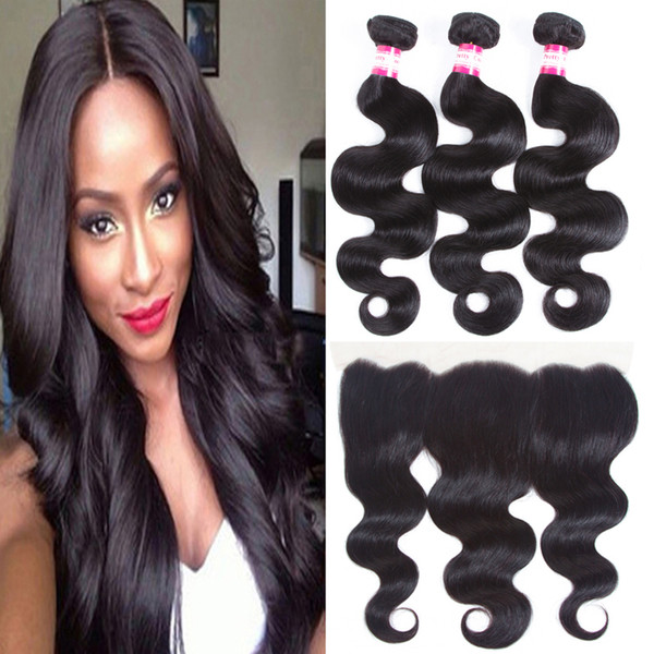 8ABrazilian Body Wave Bundles with Frontal Closure 100% Unprocessed Brazilian Human Hair Bundles with Ear to Ear 13x4 Frontal with Baby Hair