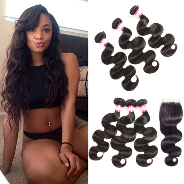 8A Malaysian Water Body Deep Wave Curly Hair 3 Bundles with 1pcs Closure Unprocessed Virgin Hair Weave with Closure 4x4 Lace Top Closure